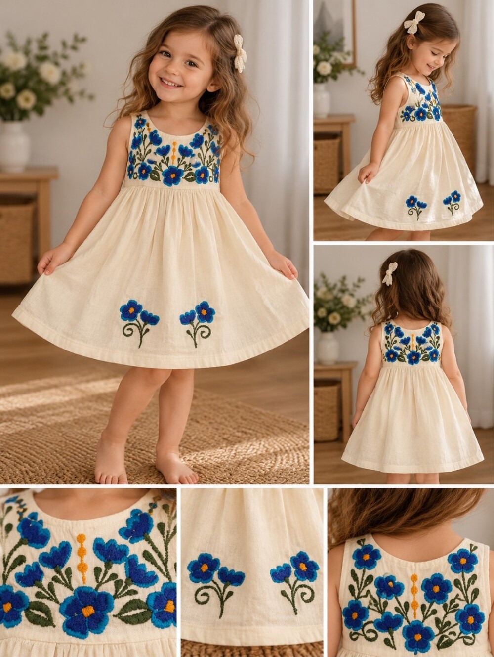 Cream Embroidered Floral Dress – Girls 3T 💙🌼